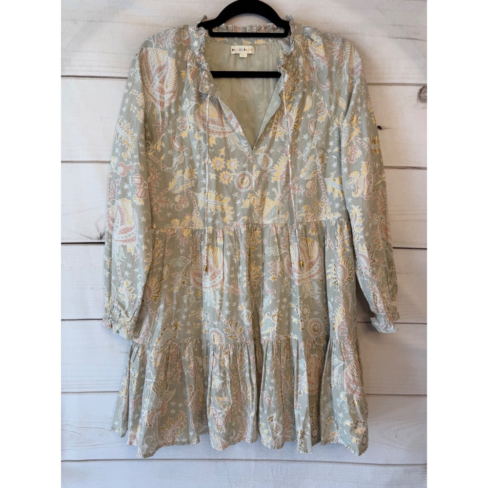 Roller Rabbit Sage Green Metallic Gold Paisley Tiered Cotton Mini Dress Small
